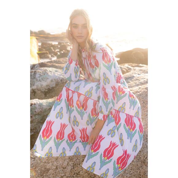 OLIPHANT Tuckernuck Tie Waist Belt Shirt Dress Maxi Midi Ikat Sumba Red Print XS - Picture 4 of 16